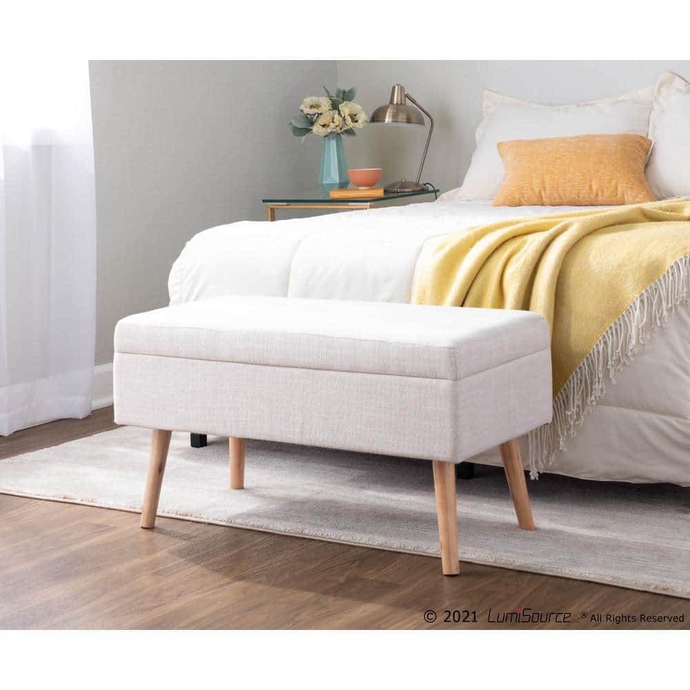 Beige Linen Upholstered Storage Bench with Natural Wood Legs