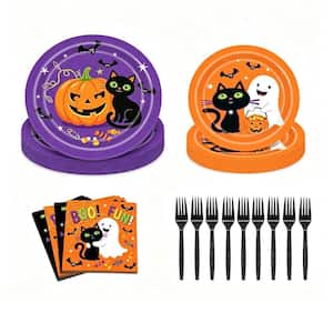 96 Pieces Halloween Paper Dinnerware Set (Service for 24), Black Cat Ghost Disposable Plates, Napkins and Forks