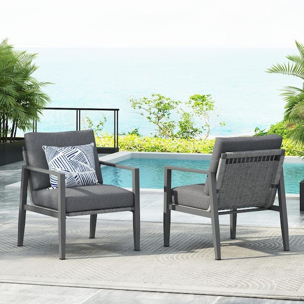 Unbranded Aluminum Outdoor Lounge Chair with Gray Cushion, Sleek Rope Accents for Garden, Porch (2-Pack)