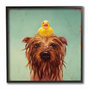 12 in. x 12 in. "Wet Dog with a Rubber Ducky Turquoise Bath Painting" by Lucia Heffernan Framed Wall Art