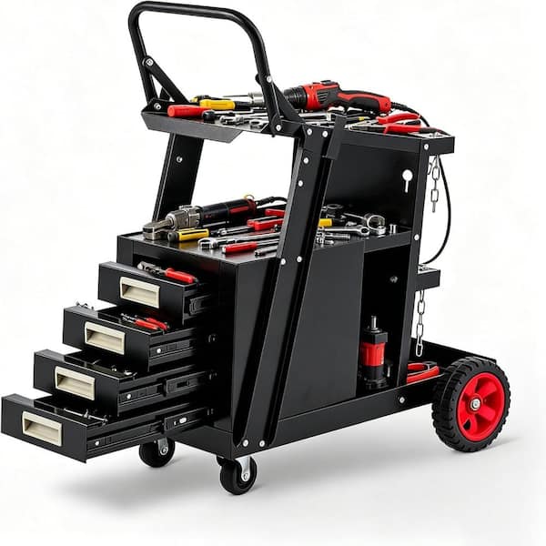 3-Tier Welding Cart with 4 Drawers, Heavy Duty Welder Cart with 400 Lbs Load Capacity, Rolling Metal Utility Cart with R