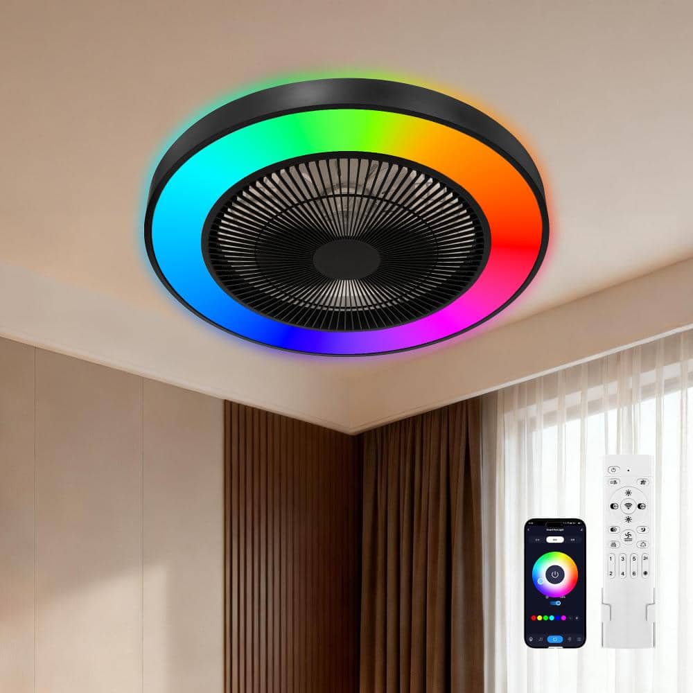 19 in. Black White RGB Caged DC Motor Reversible Flush Mount Ceiling Fan with Remote Control RGB Dimmable price history on PriceWatchPro