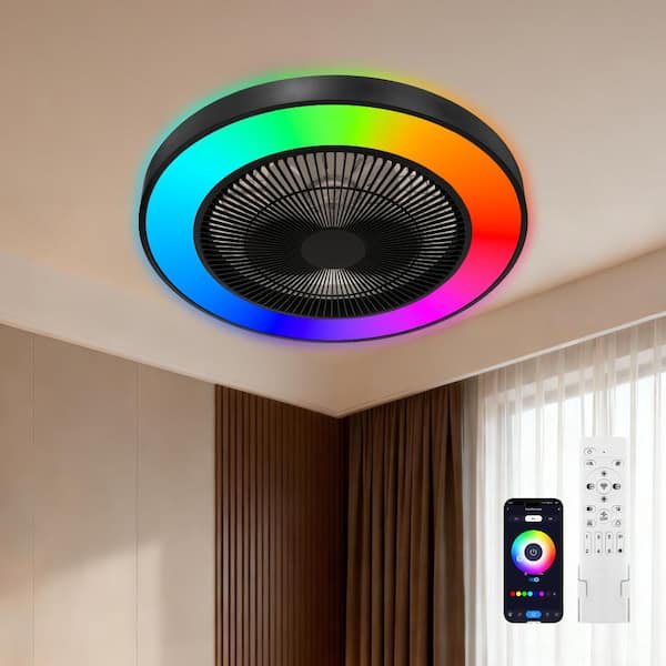 19 in. Black White RGB Caged DC Motor Reversible Flush Mount Ceiling Fan with Remote Control RGB Dimmable