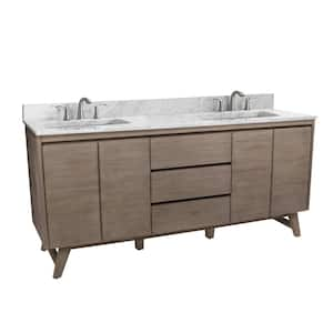 Coventry 73 in. Double Sink Gray Teak Bath Vanity with Carrara White Marble Top