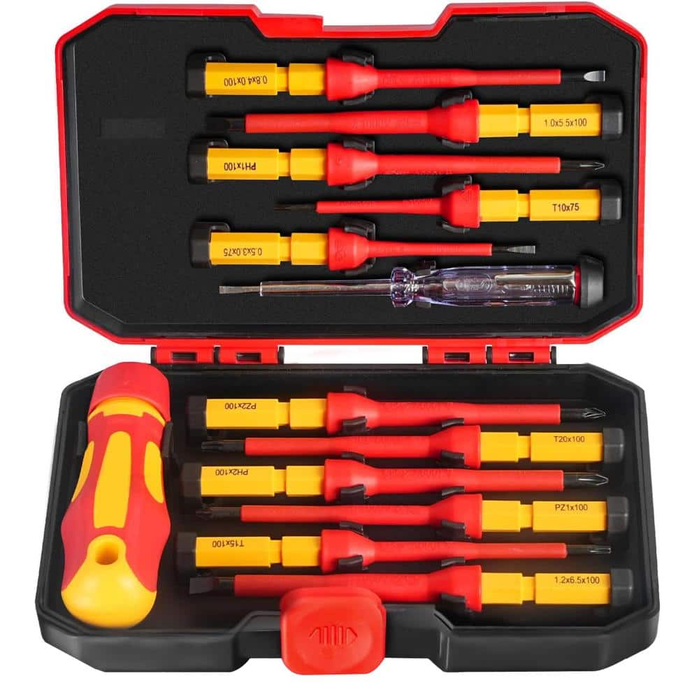 13 piece 1000 volt insulated electrician screwdriver set with slotted Phillips Pozidriv Torx tips and handle