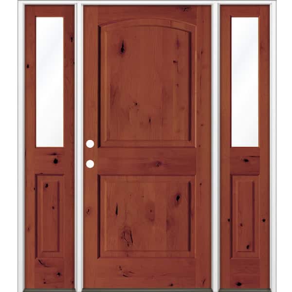 58 in. x 80 in. Knotty Alder 2-Panel Arch-Top Right-Hand/Inswing Clear Glass Amaretto Stain Wood Prehung Front Door DHSL