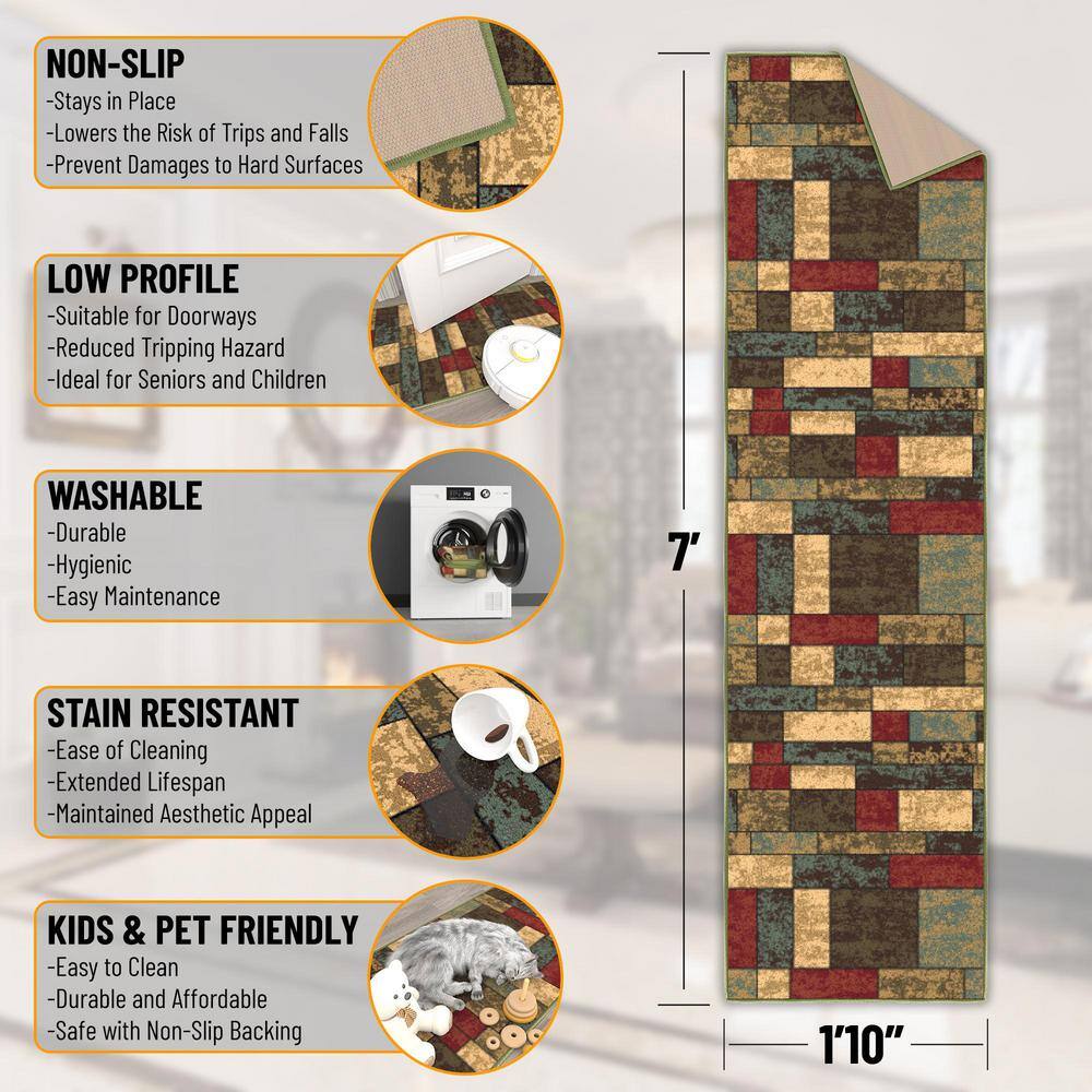 Multicolor Synthetic Non-Slip Runner Rug 1'10" x 7'