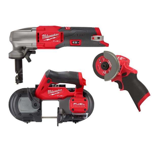 Milwaukee M12 FUEL 12-Volt Lithium-Ion Brushless Cordless 16-Gauge Variable Speed Nibbler, Compact Band Saw and 3 in. Cut Off Saw