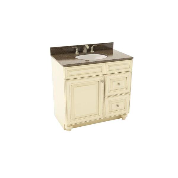 American Woodmark Savannah 37 in. Vanity in Hazelnut with Right Drawers and Silestone Quartz Vanity Top in Kimbler and Oval White Sink
