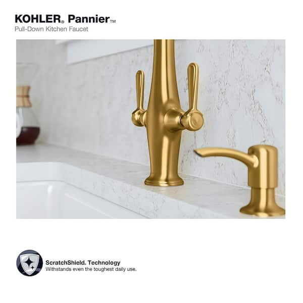 Kohler Pannier Two-Handle Pull Down Sprayer Kitchen Faucet in Vibrant Brushed Moderne Brass