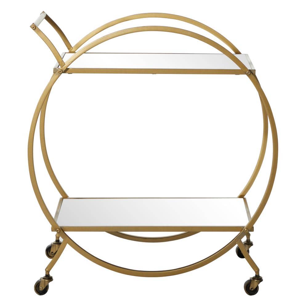 Elegant Gold Metal Bar Cart with Mirrored Shelves and Wheels