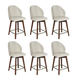 Lothar Mid-Century Modern Leather Swivel Stool Set of 6 with Solid Wood Legs-IVORY