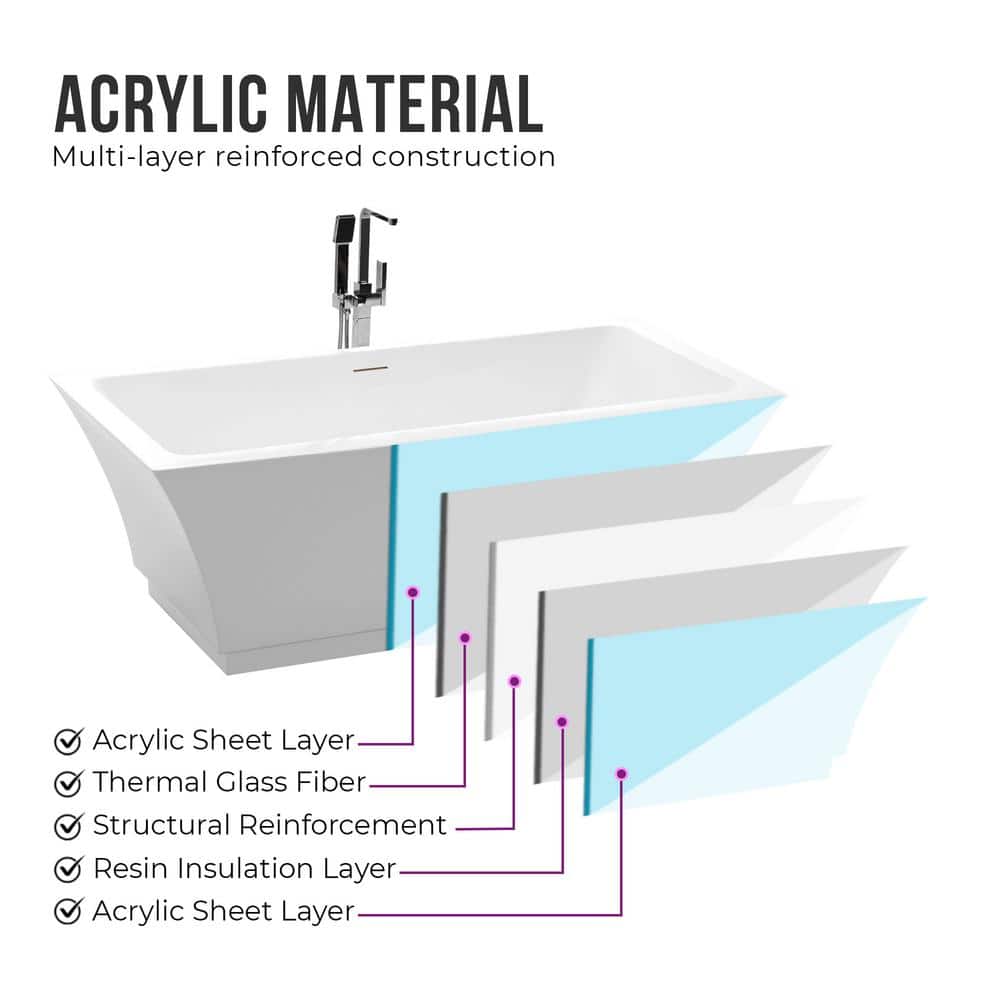 Vanity Art 59" White Acrylic Freestanding Bathtub with Center Drain