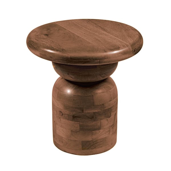 Alden 18 in. Walnut Finish Round Mango Wood End Table with Stacked End Grain Base