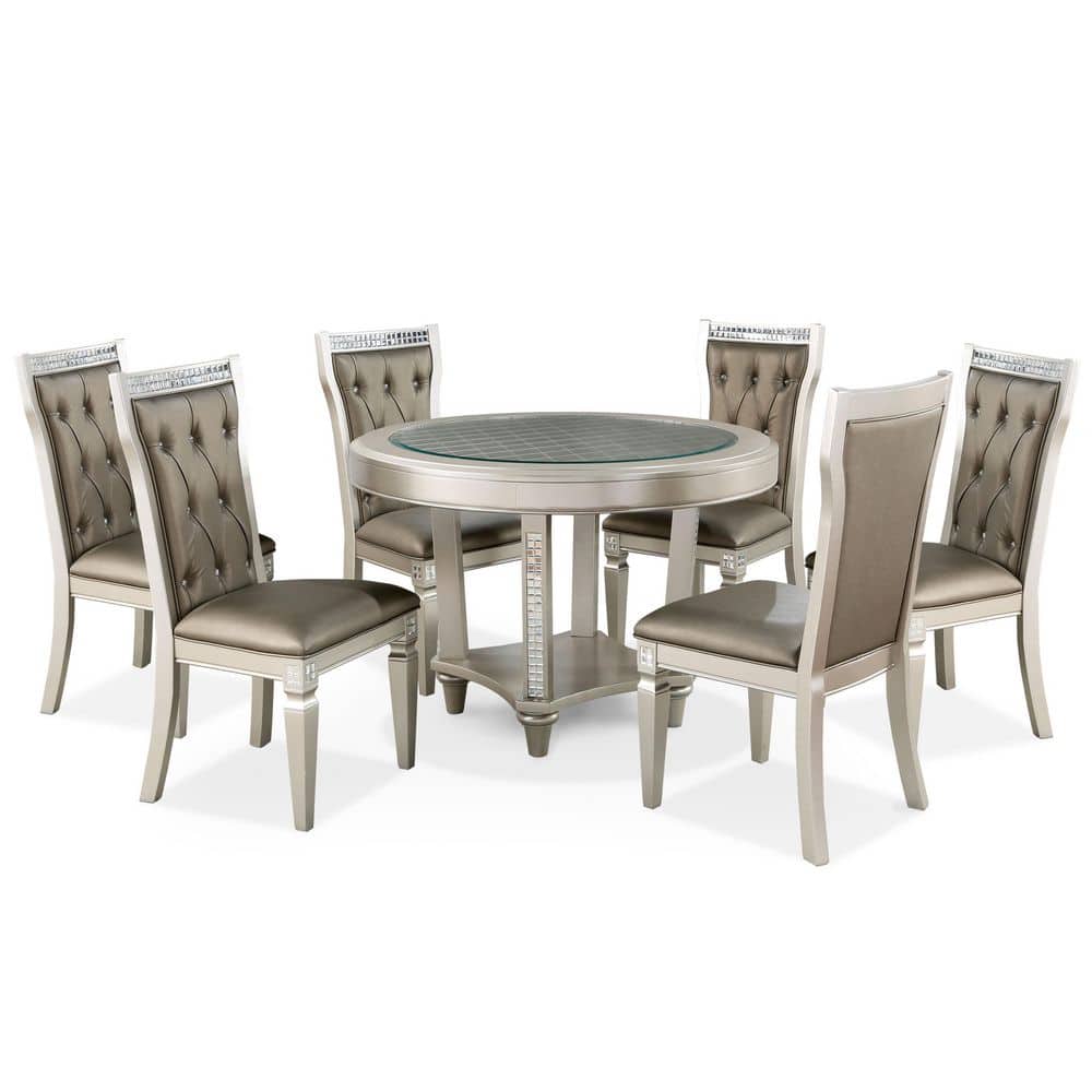 Furniture of America Deltona 7 Piece Glam Round Champagne and Warm Gray Glass Top Dining Table Set IDF 3158RT 7PC The Home Depot