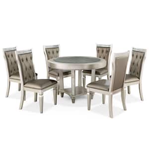 Deltona 7-Piece Round Champagne and Warm Gray Glass Top Dining Table Set