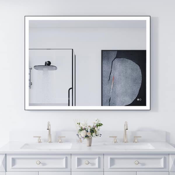 48 in. W x 36 in. H Rectangular Framed Anti-Fog Dimmable Wall Mounted LED Bathroom Vanity Mirror in Black