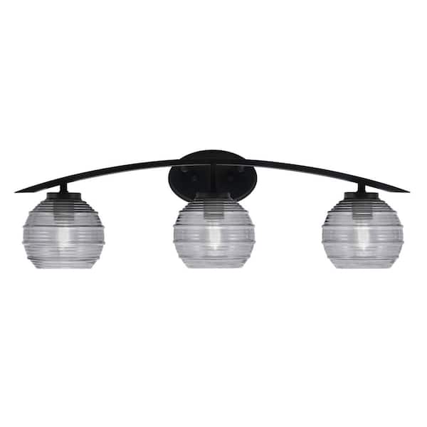 Unbranded Siena 29 in. 3-Light Vanity Light Matte Black with Smoke Ribbed Glass Shades
