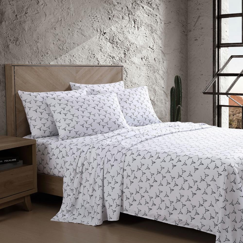 Queen White Floral Print Microfiber Sheet Set