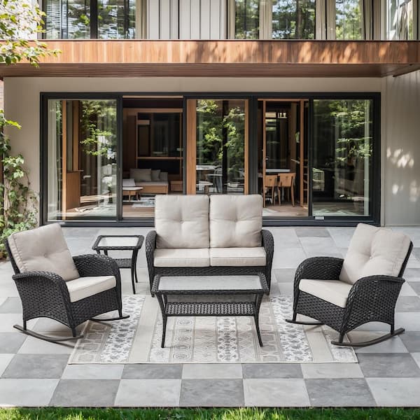 Black 5-Piece Wicker Patio Conversation Set with Rocking Chairs, Outdoor Glider Seating Set with Beige Cushions