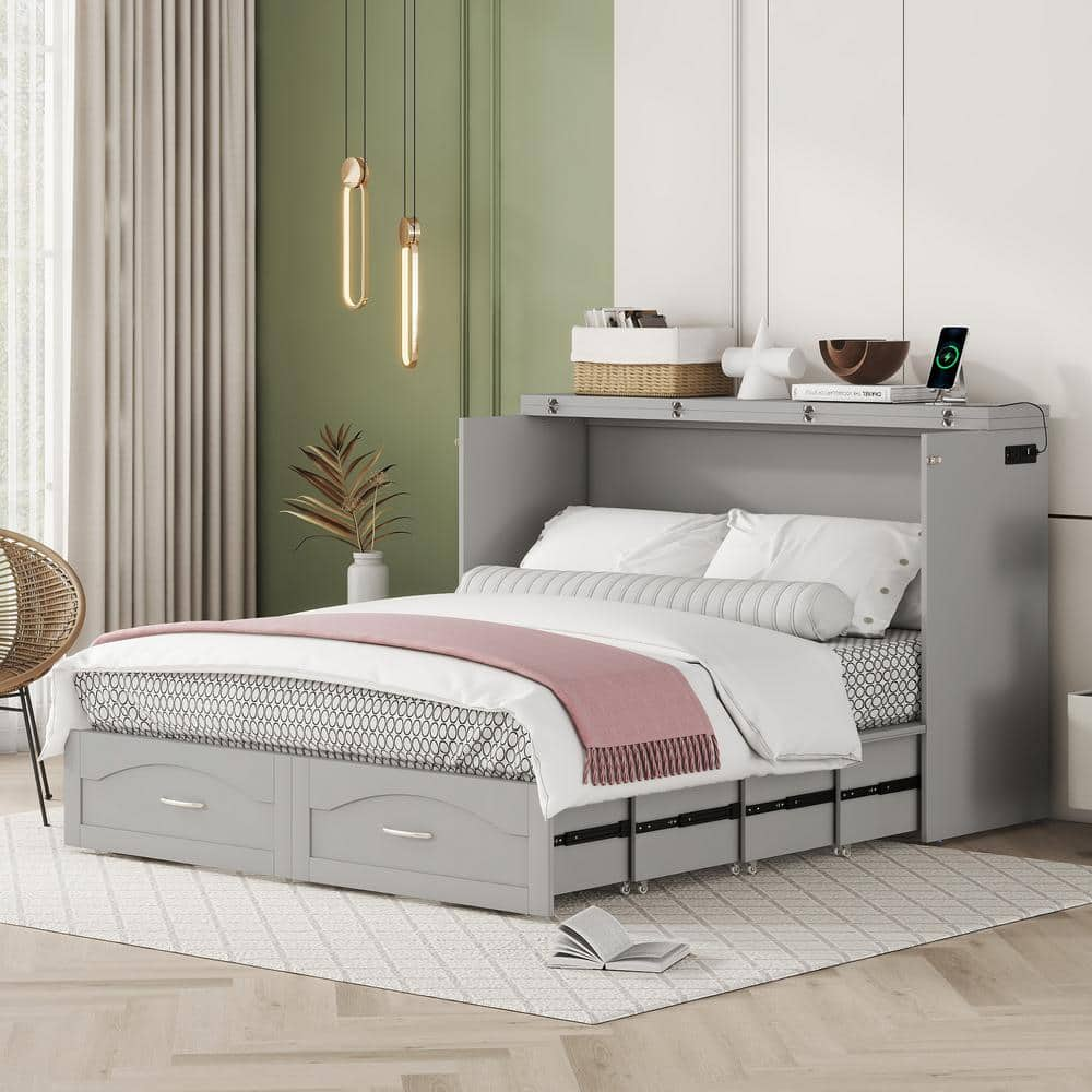 Gray Wood Frame Queen Size Murphy Bed with Built-in Charging Station, Pulleys and Sliding Rails Design, 2-Drawer -  Harper & Bright Designs, QMY240AAE-Q