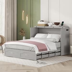 Gray Wood Frame Queen Size Murphy Bed with Built-in Charging Station, Pulleys and Sliding Rails Design, 2-Drawer
