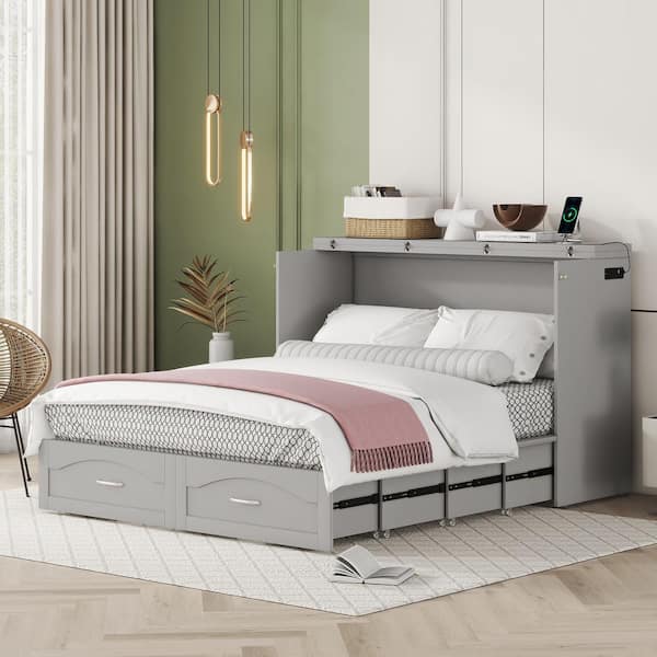 Harper & Bright Designs Gray Wood Frame Queen Size Murphy Bed with Built-in Charging Station, Pulleys and Sliding Rails Design, 2-Drawer