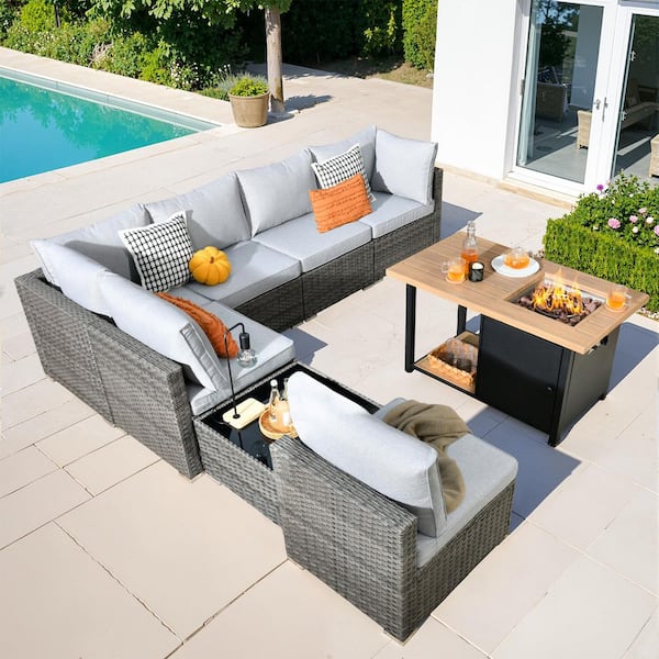 HOOOWOOO Messi Gray 8-Piece Wicker Outdoor Patio Conversation Sectional Sofa Set with a Storage Fire Pit and Light Gray Cushions