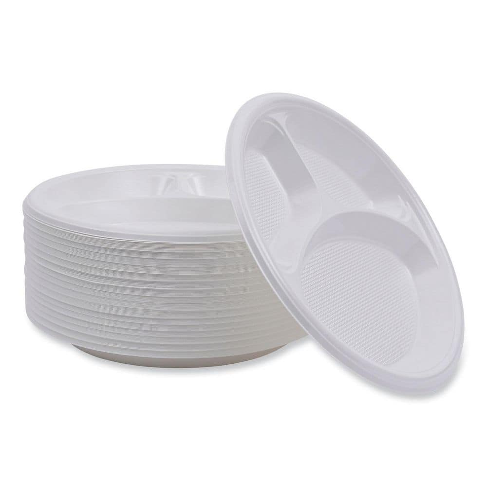 White 10-Inch Round Plastic Plate with 3 Compartments