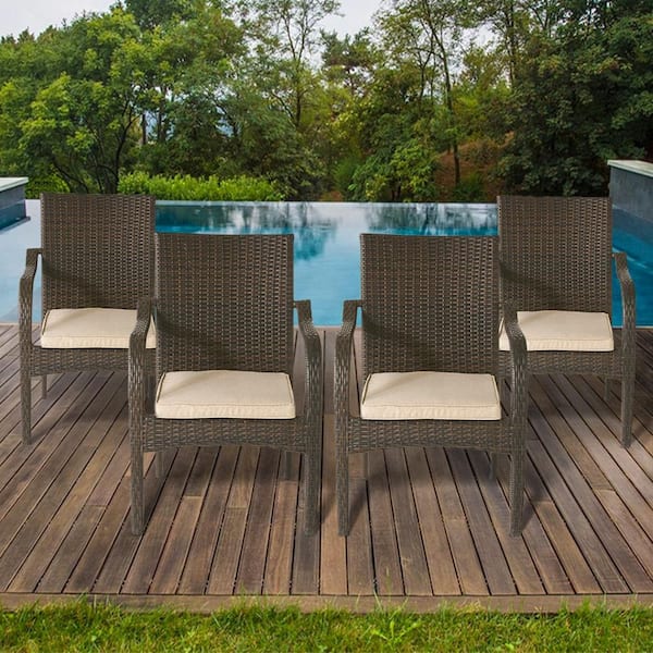 Unbranded Wicker Outdoor Dining Chairs Set with Brown Cushion-4-Piece Stacking Chairs for Patio Comfort and Style