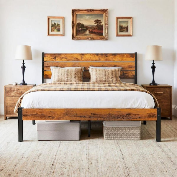 Rust Brown Wood Frame Queen Size Platform Bed Frame with Headboard and Footboard, 700lbs Support