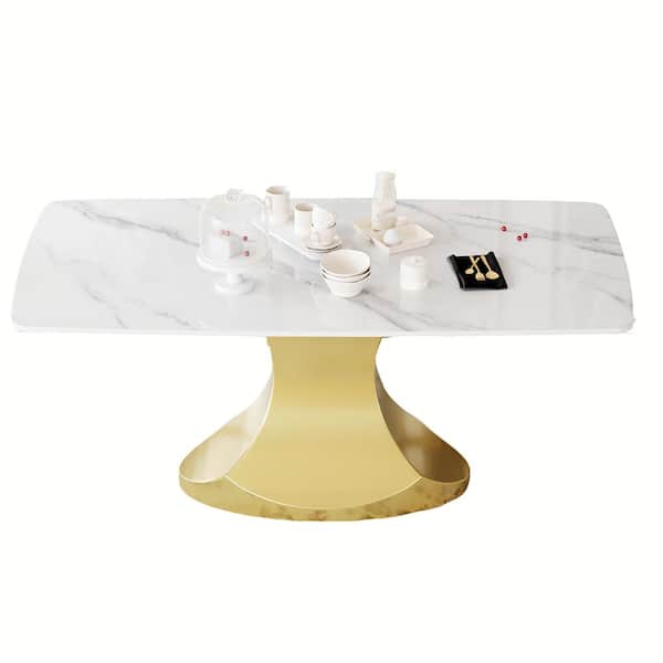 Magic Home 70.87 in. White Sintered Stone Tabletop Gold Pedestal Base Dining Table (Seats 6)