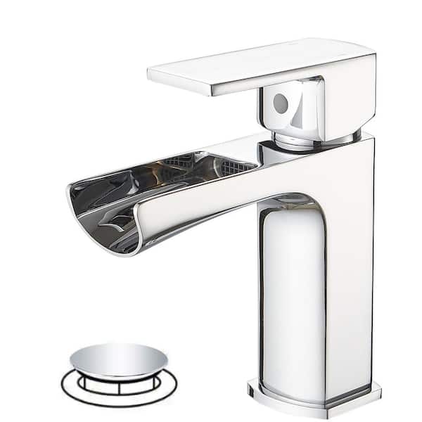 Fapully Single Handle Single Hole Bathroom Faucet with Drain Included, Waterfall Bathroom Faucet in Polished Chrome