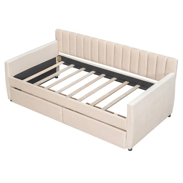 Unbranded Beige Velvet Tufted Upholstered Twin Daybed with Trundle Twin Size Day Bed Frame with Drawers and Headboard ZT LP000120AAA