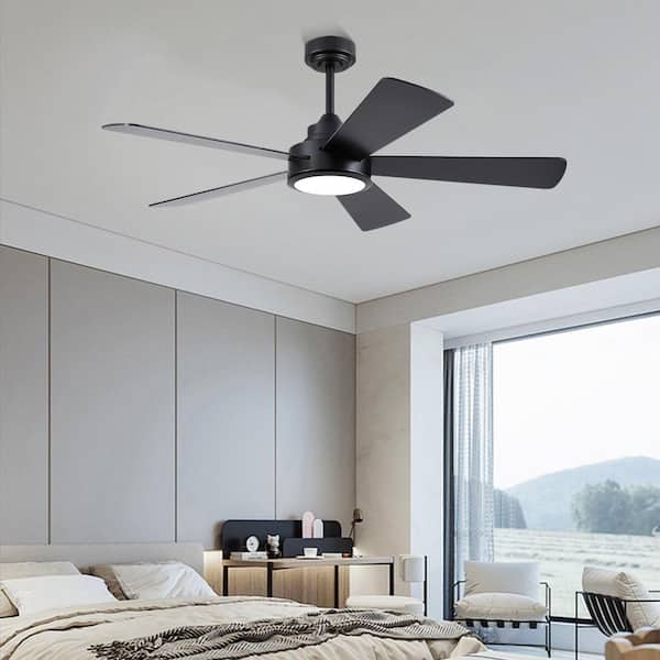 52 in. Indoor/Outdoor Downrod Black Ceiling Fan with Dimmable LED Light and Remote/APP Control