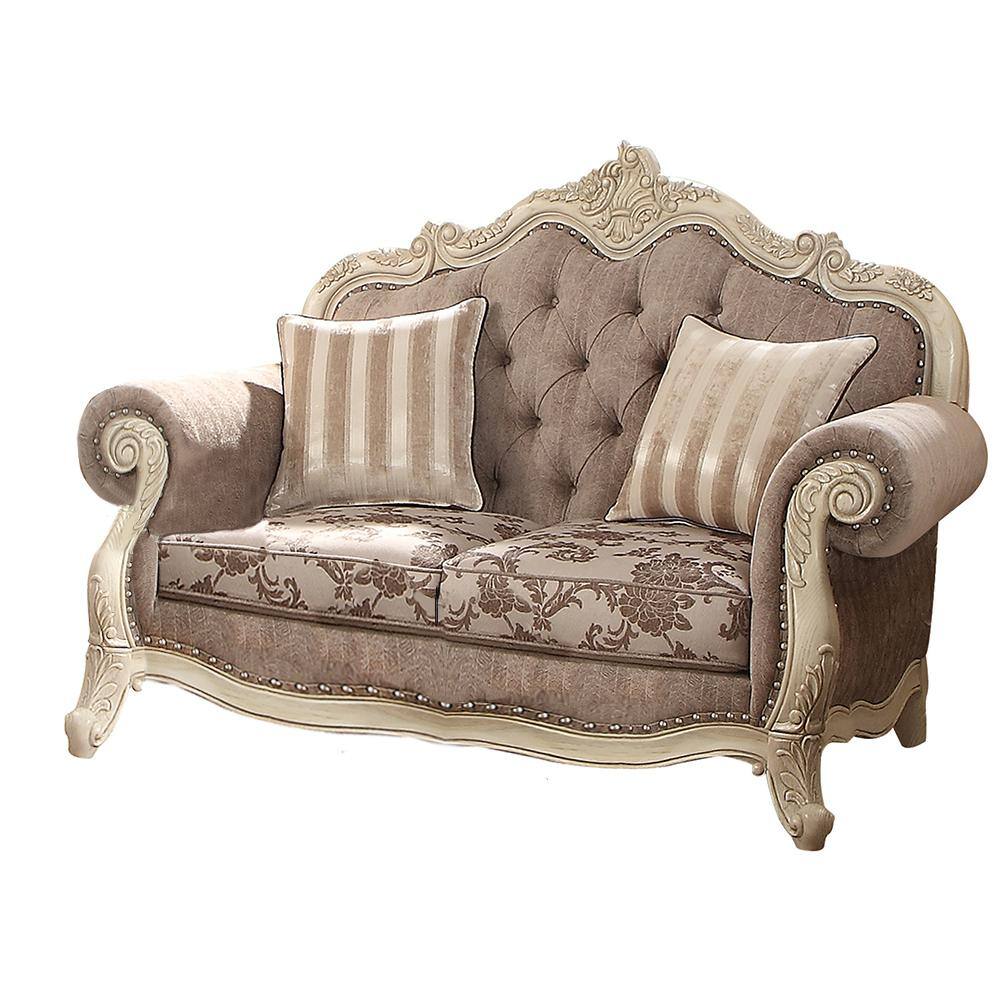 Acme Furniture Ragenardus 35 in. Gray Fabric and Antique White Fabric 2Seats Loveseats with 2