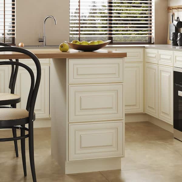Hausvita 18 in. W x 24 in. D x 34.5 in. H in Cameo White Plywood Ready to Assemble Kitchen Base Cabinet with 3 Drawers