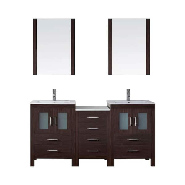 Virtu USA Dior 66 in. W Bath Vanity in Espresso with Ceramic Vanity Top in White with Square Basin and Mirror