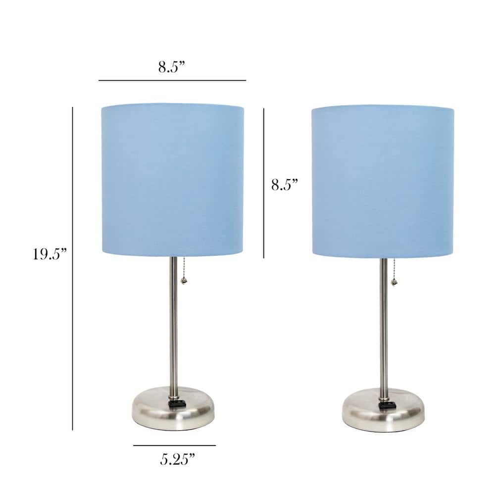 Blue Fabric Shade Table Lamp Set with Charging Outlet, 19.5"