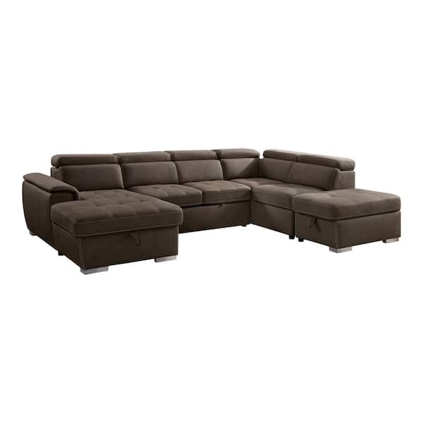 Furniture of America Grash 127.75 in. Polyester U-Shaped Sectional Sofa in Light Brown with Tufted Seat Cushions