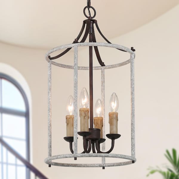 4-Light Rustic Slategray Drum Candlestick Chandelier with Aged Iron Accents Modern Farmhouse Living Room Pendant Light