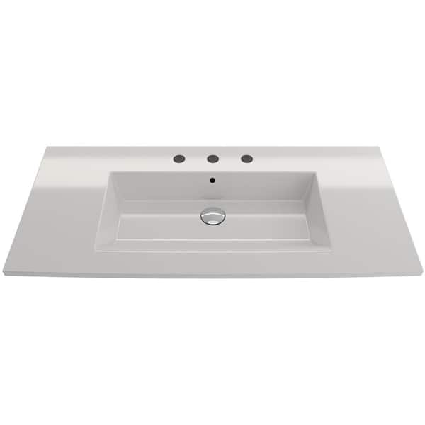 BOCCHI Ravenna Wall-Mounted 3-Hole White Fireclay Rectangular Vessel Sink with Overflow