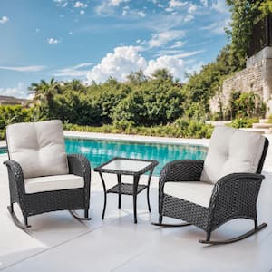 PlainCurve 3-Piece Black Wicker Outdoor Rocking Chairs Patio Conversation Set with Olefin Beige Cushions