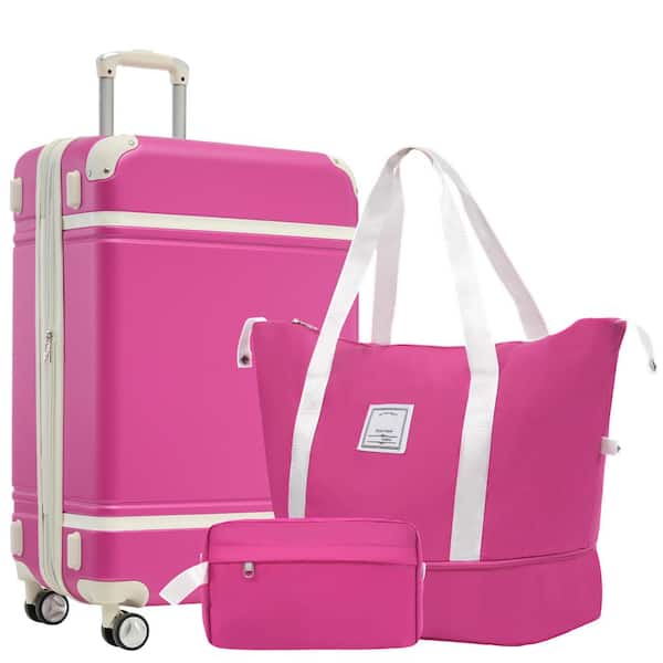 3-Piece Pink ABS Hardshell Double Spinner 24in. Luggage Set with an Expandable Travel Duffel Bag, a Toiletry Bag