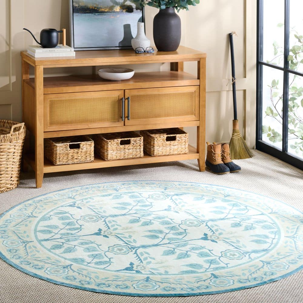 Martha Stewart Washable 6 ft. x 6 ft. Round Ivory/Light Blue Geometric Floral Washable Area Rug price history on PriceWatchPro