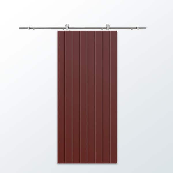 CALHOME 30 in. x 96 in. Maroon Painted Composite MDF Paneled Interior Sliding Barn Door with Hardware Kit
