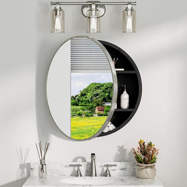 26 in. W x 26 in. H Round Brushed Nickel Metal Framed Surface Mount Medicine Cabinet with Mirror