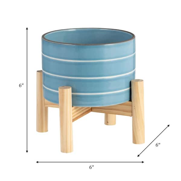 Liv & Skye Blue Sky Ceramic Striped Planter (6 in. W x 4 in. H