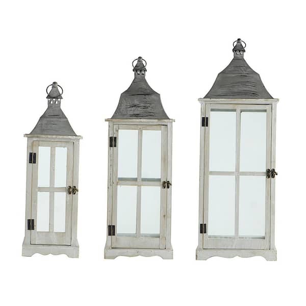 Wooden Candle Gray Lanterns Candle Decorative Holder Set of 2 for Indoor Outdoor, Home Garden Wedding
