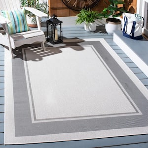 Martha Stewart Ivory/Gray 7 ft. x 9 ft. Solid Color Border Indoor/Outdoor Area Rug